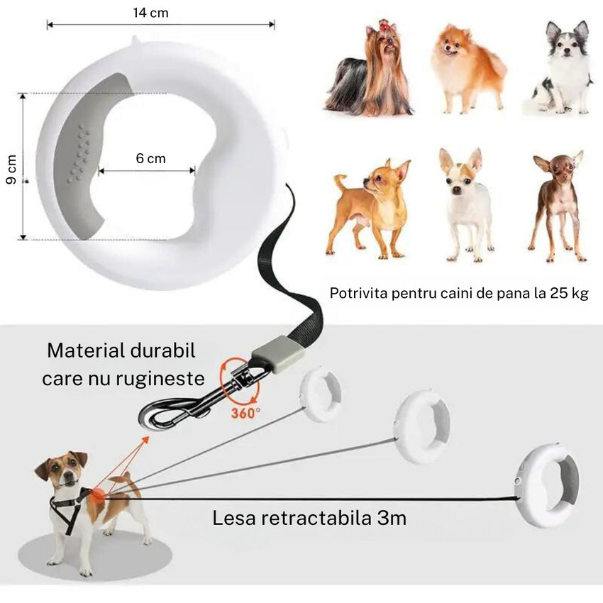 Lesa retractabila cu LED, SHAW®, cu suport si o rola saci gunoi, 3 m