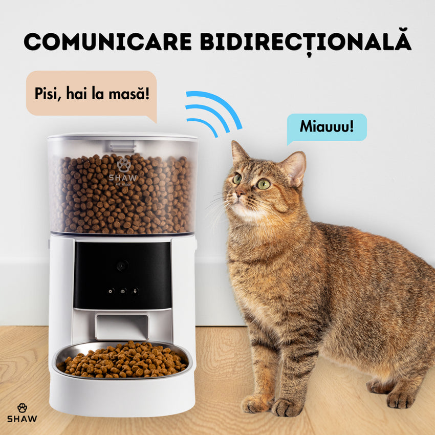 Hranitor automat Smart SHAW® PRO V2 pentru caini si pisici, Aplicatie mobila, Camera video Night Vision, Programabil, 4L