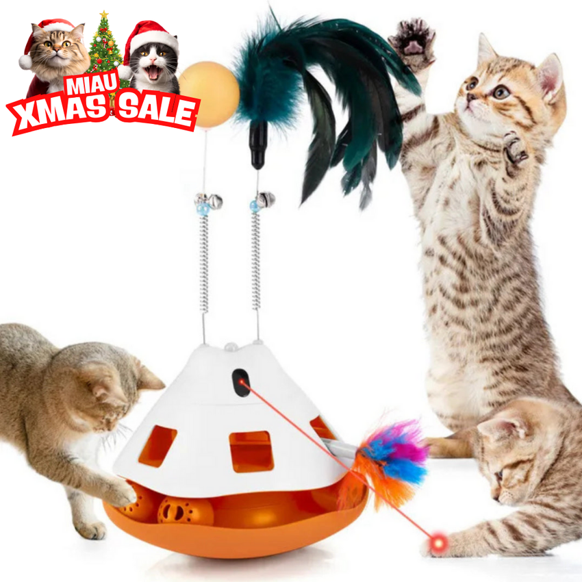 Jucarie Interactiva 3-in-1 pentru Pisici SHAW – Cu Laser, Bila, Pene si 4 Moduri de Viteza