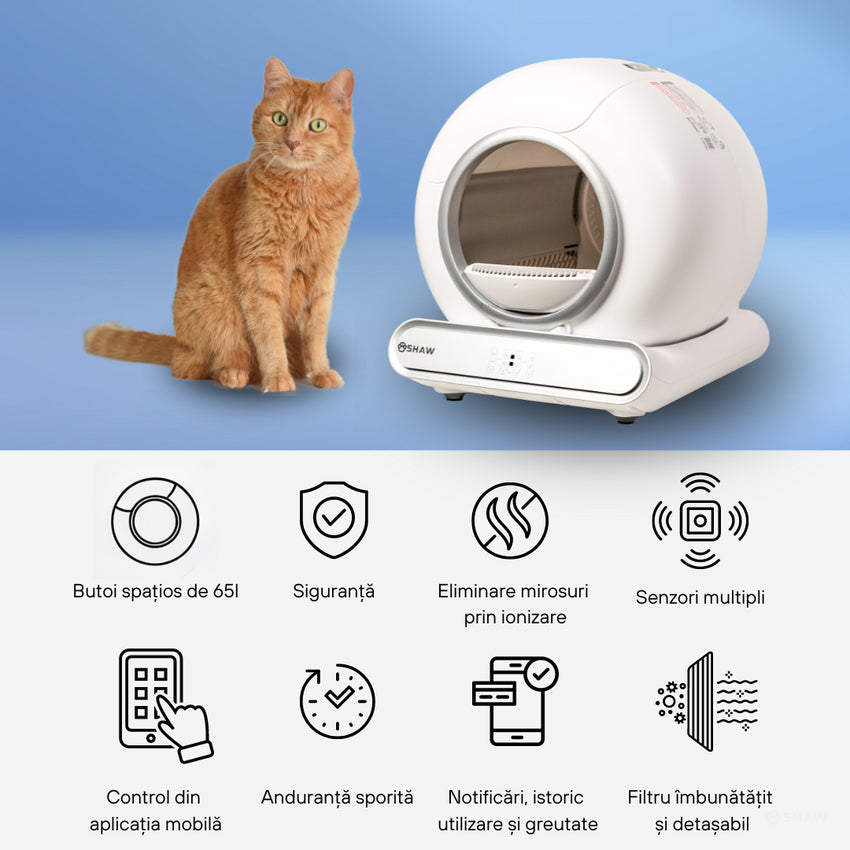 Litiera automata smart SHAW® V3 pentru pisici, auto-curatare, eliminare mirosuri prin ionizare, aplicatie mobila, 9L