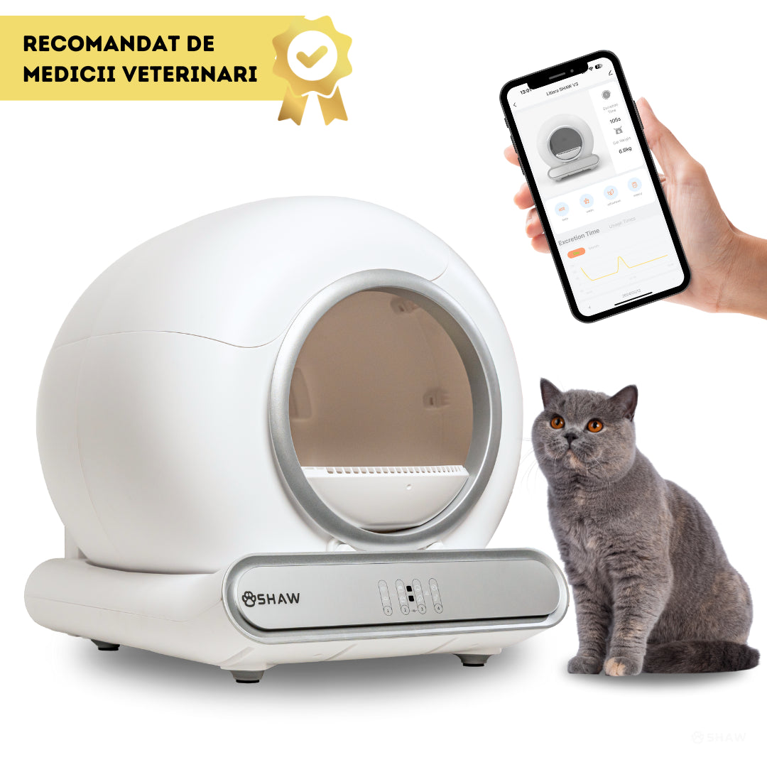 Litiera automata smart SHAW® V3 pentru pisici, auto-curatare, eliminare mirosuri prin ionizare, aplicatie mobila, 9L