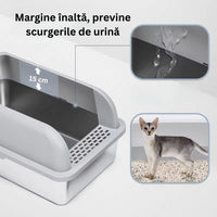 Litiera inox SHAW® XL pentru pisici, cu prag si lopatica incluse, usor de curatat, rezistenta