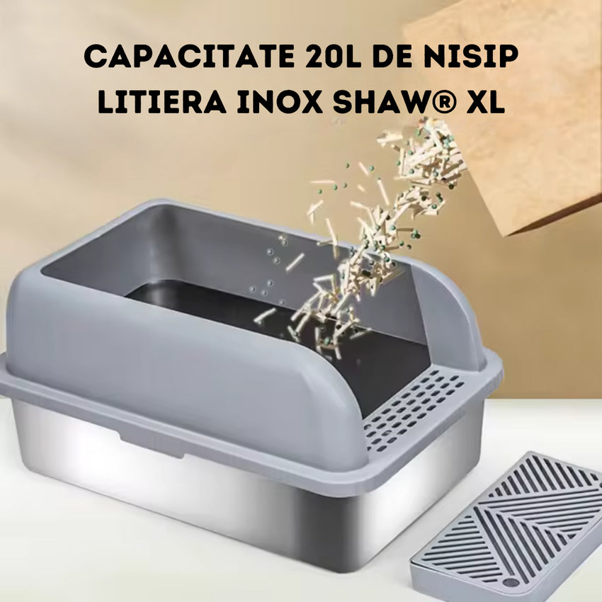 Litiera inox SHAW® XL pentru pisici, cu prag si lopatica incluse, usor de curatat, rezistenta