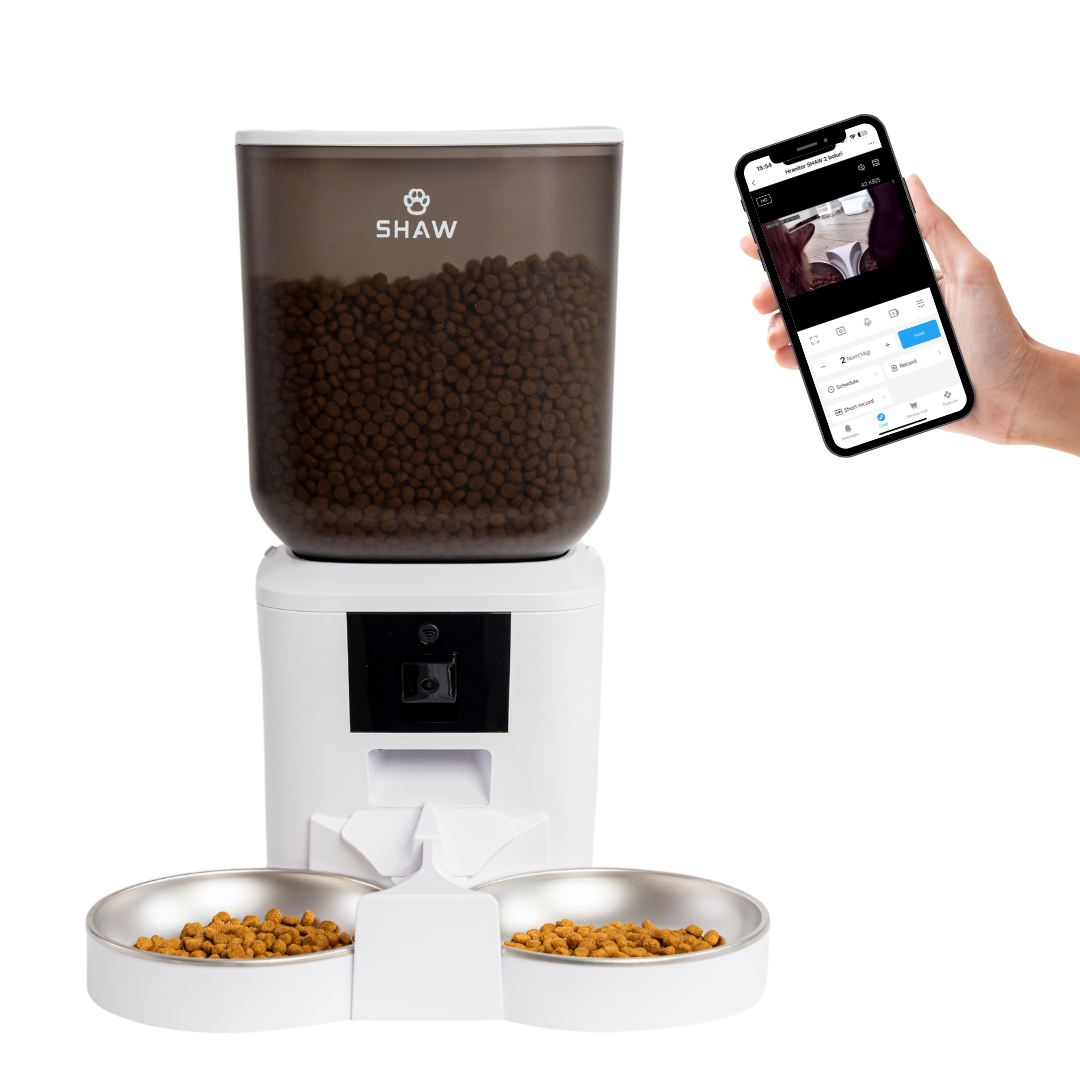 Hranitor automat smart SHAW® pentru caini si pisici, aplicatie mobila, 7L, programare hranire, camera reglabila, 2 boluri, alb