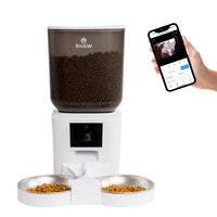 Hranitor automat smart SHAW® pentru caini si pisici, aplicatie mobila, 7L, programare hranire, camera reglabila, 2 boluri, alb