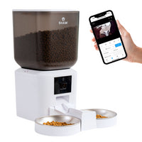 Hranitor automat smart SHAW® pentru caini si pisici, aplicatie mobila, 7L, programare hranire, camera reglabila, 2 boluri, alb