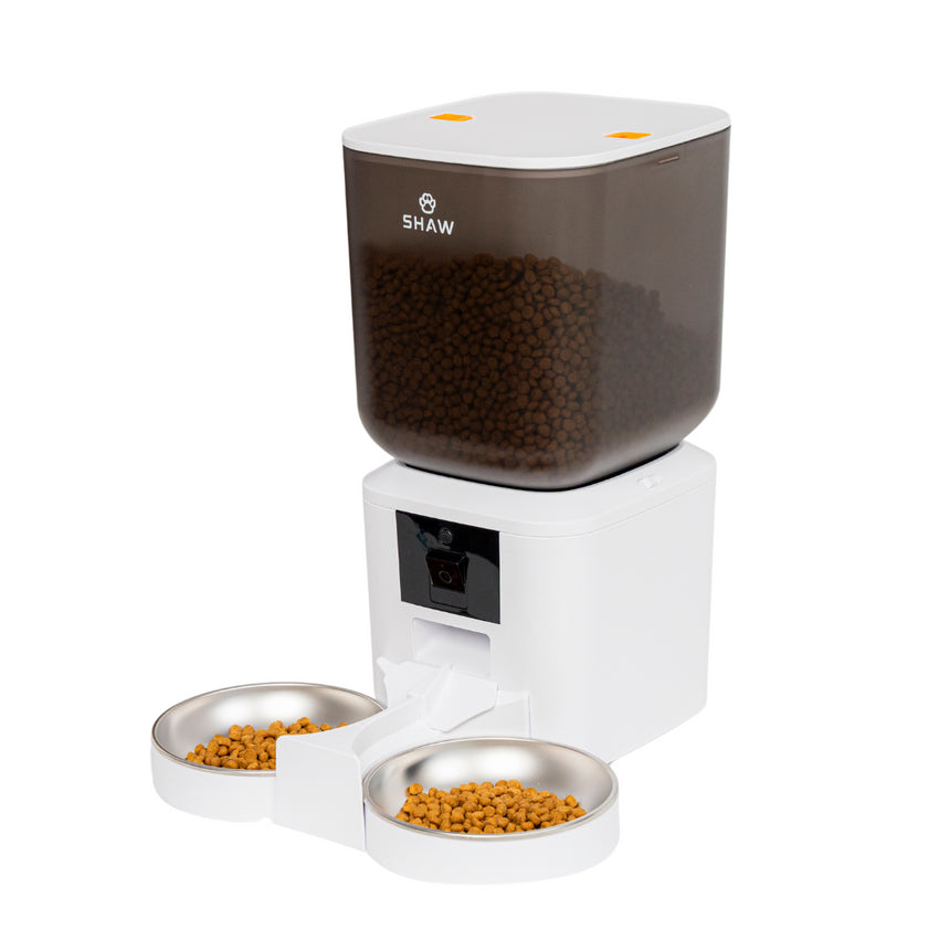Hranitor automat smart SHAW® pentru caini si pisici, aplicatie mobila, 7L, programare hranire, camera reglabila, 2 boluri, alb