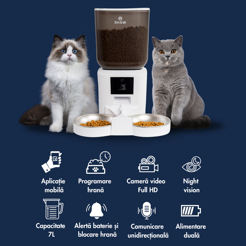 Hranitor automat smart SHAW® pentru caini si pisici, aplicatie mobila, 7L, programare hranire, camera reglabila, 2 boluri, alb