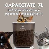 Hranitor automat smart SHAW® pentru caini si pisici, aplicatie mobila, 7L, programare hranire, camera reglabila, 2 boluri, alb