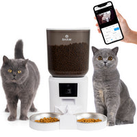 Hranitor automat smart SHAW® pentru caini si pisici, aplicatie mobila, 7L, programare hranire, camera reglabila, 2 boluri, alb