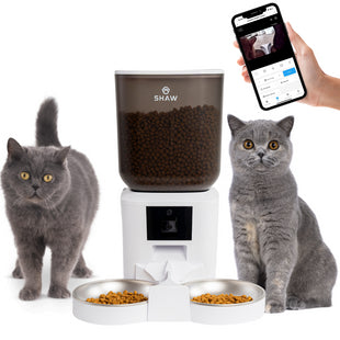 Hranitor automat smart SHAW® pentru caini si pisici, aplicatie mobila, 7L, programare hranire, camera reglabila, 2 boluri, alb