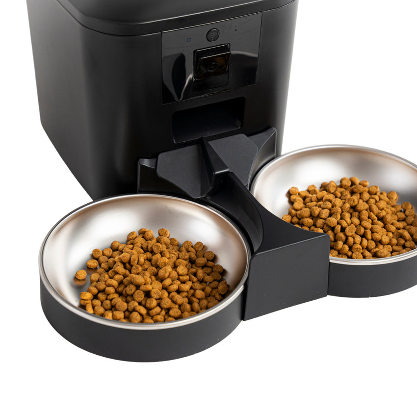 Hranitor automat smart SHAW® pentru caini si pisici, aplicatie mobila, 7L, programare hranire, camera reglabila, 2 boluri, negru