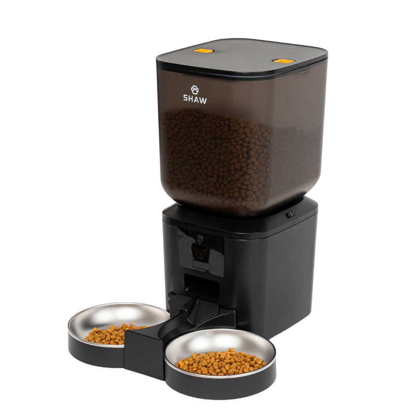 Hranitor automat smart SHAW® pentru caini si pisici, aplicatie mobila, 7L, programare hranire, camera reglabila, 2 boluri, negru