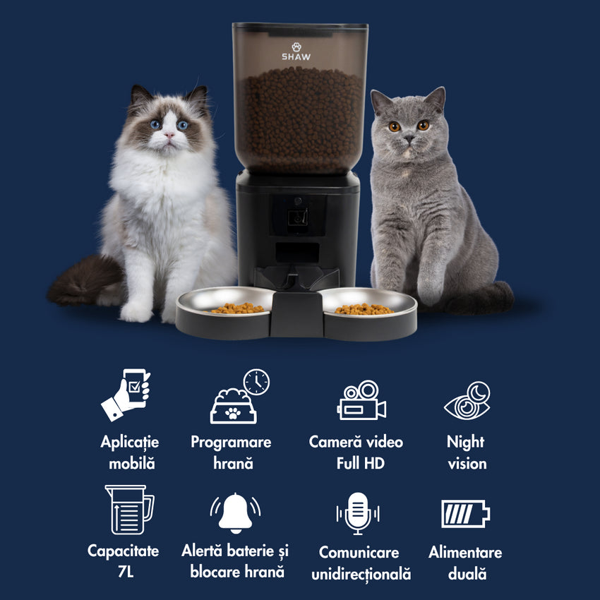 Hranitor automat smart SHAW® pentru caini si pisici, aplicatie mobila, 7L, programare hranire, camera reglabila, 2 boluri, negru