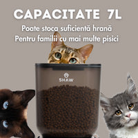 Hranitor automat smart SHAW® pentru caini si pisici, aplicatie mobila, 7L, programare hranire, camera reglabila, 2 boluri, negru