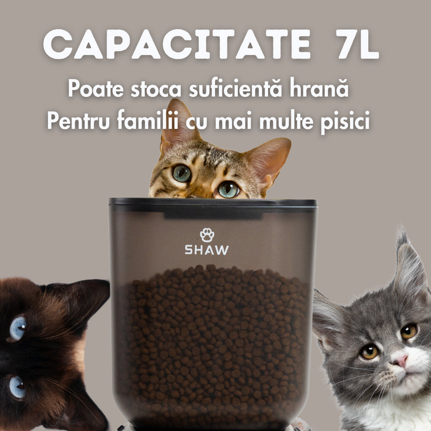 Hranitor automat smart SHAW® pentru caini si pisici, aplicatie mobila, 7L, programare hranire, camera reglabila, 2 boluri, negru