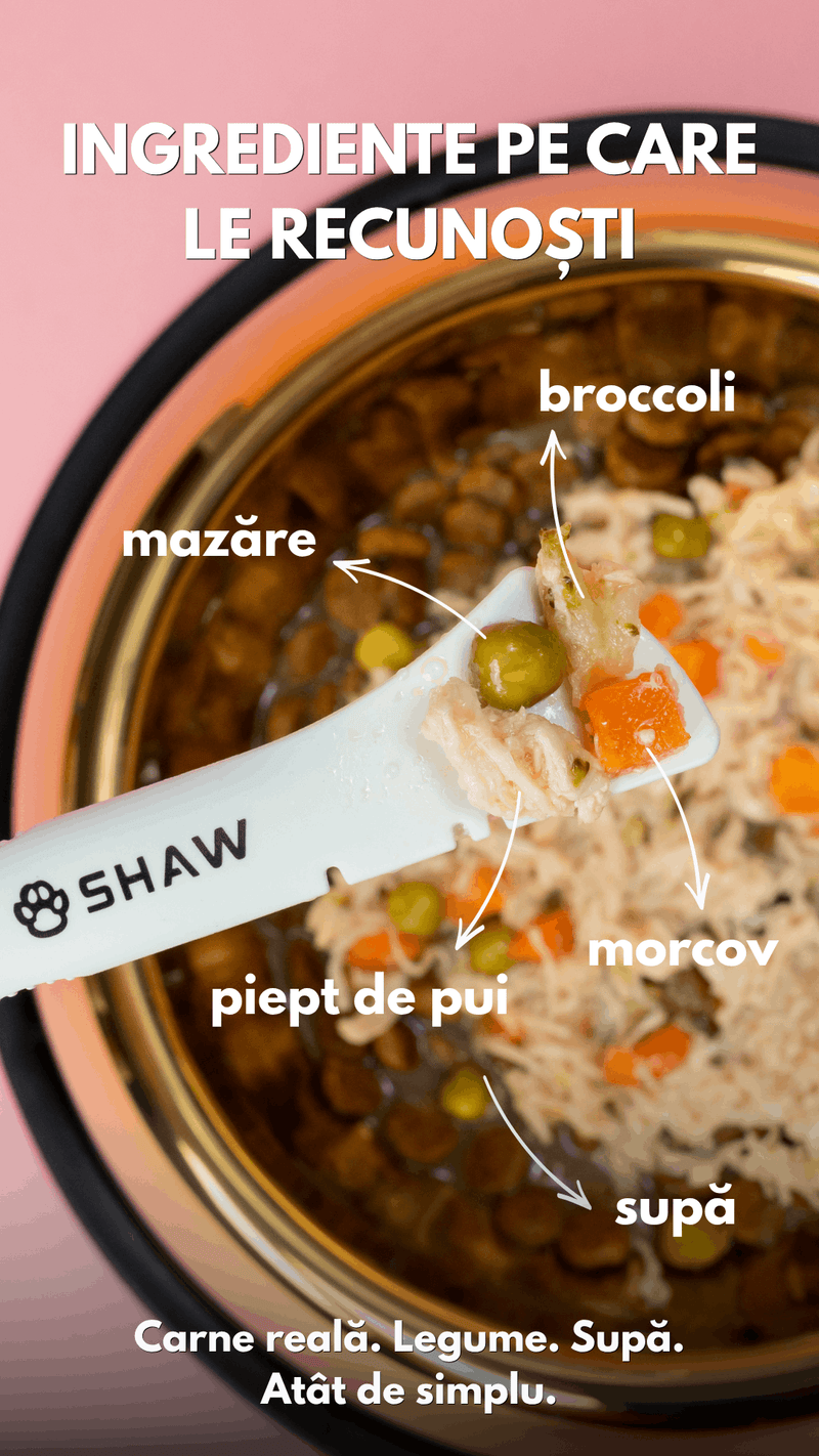 Topper premium pentru câini SHAW cu piept de pui, morcov, broccoli și mazăre în supă, hrană umedă complementară, 170 g