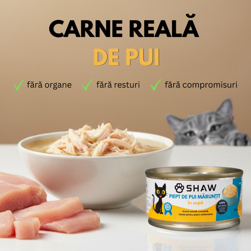 Hrana umeda premium SHAW pentru pisici adulte si mofturoase cu piept de pui maruntit in supa, fara cereale, 80g