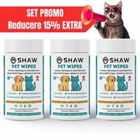 Kit 3 buc SHAW Pet Wipes cu acid hipoclorus, igiena zilnica caini si pisici