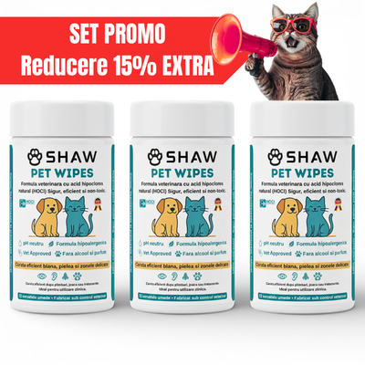Kit 3 buc SHAW Pet Wipes cu acid hipoclorus, igiena zilnica caini si pisici
