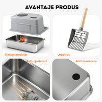Litiera inox de colt 2 in 1  SHAW® XL pentru pisici, cu lopatica inclusa, intrare laterala, usor de curatat, rezistenta
