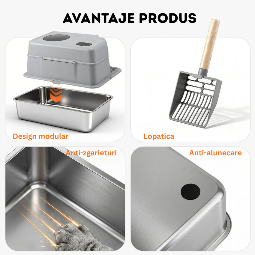 Litiera inox de colt 2 in 1  SHAW® XL pentru pisici, cu lopatica inclusa, intrare laterala, usor de curatat, rezistenta