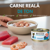 Hrana umeda premium SHAW pentru pisici adulte si mofturoase cu file de ton si creveti in supa, fara cereale, 80g