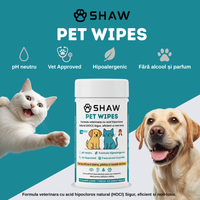 Servetele umede SHAW Pet Wipes pentru caini si pisici, cu acid hipocloros HOCl, non-toxic, hipoalergenic, vet approved