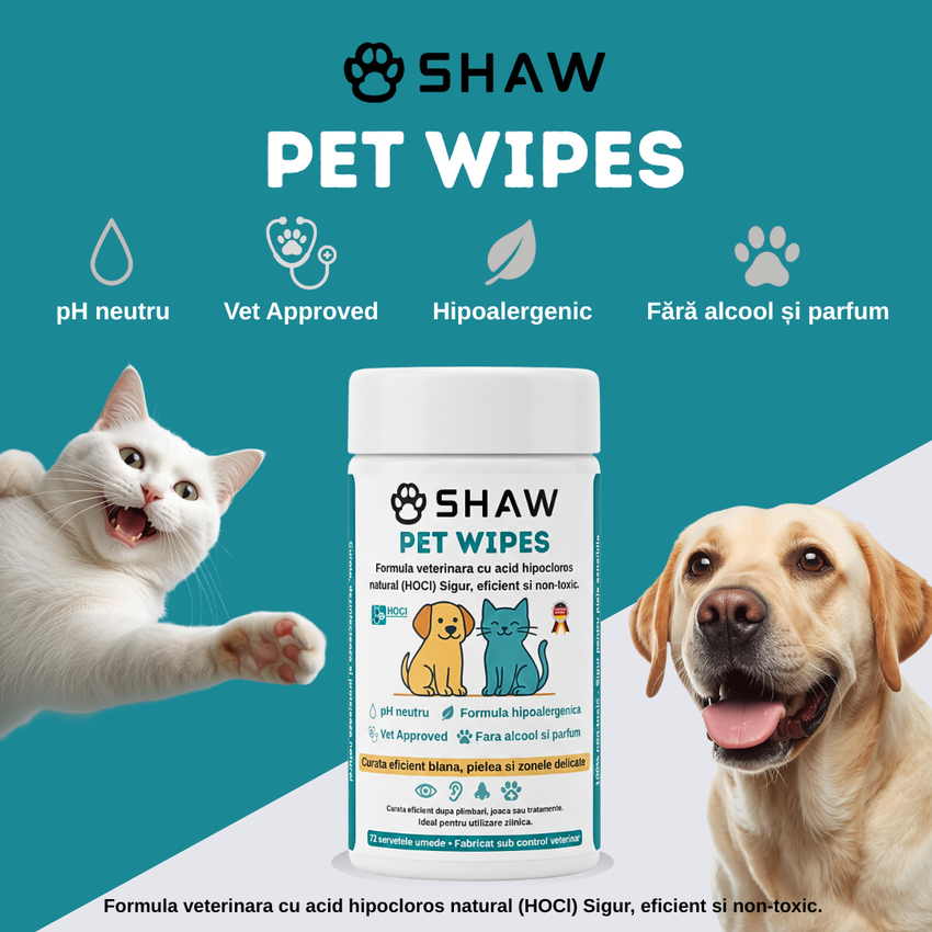 Servetele umede SHAW Pet Wipes pentru caini si pisici, cu acid hipocloros HOCl, non-toxic, hipoalergenic, vet approved