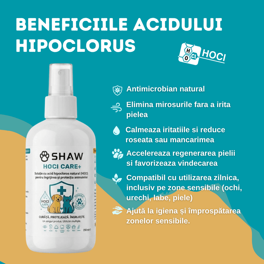 Solutie SHAW cu acid hipocloros HOCl CARE +, pentru caini si pisici, non-toxic, hipoalergenic, fara alcool si parfum