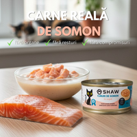 SET 12 buc Hrana umeda premium SHAW pentru pisici adulte si mofturoase cu cuburi de somon in supa, fara cereale, 80g