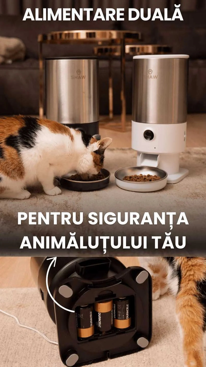 Hranitor automat Smart SHAW® PRO V3 pentru caini si pisici, Aplicatie mobila, Camera video Night Vision, Programare hrana, Negru