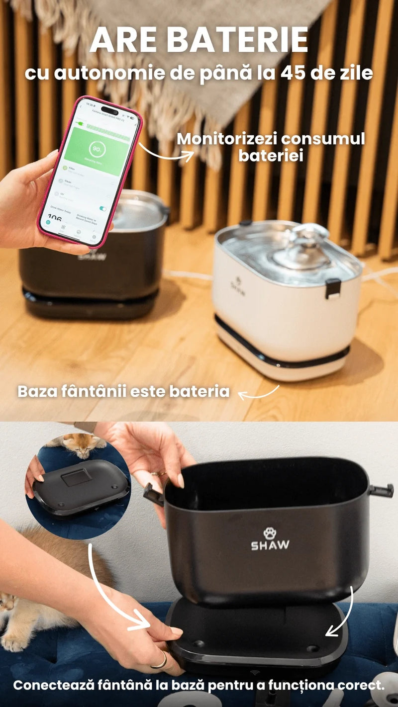 Fantana de apa smart SHAW® PRO V3 cu baterie si senzor, aplicatie mobila, sterilizare UV, pompa prin inductie, sistem filtrare, Negru