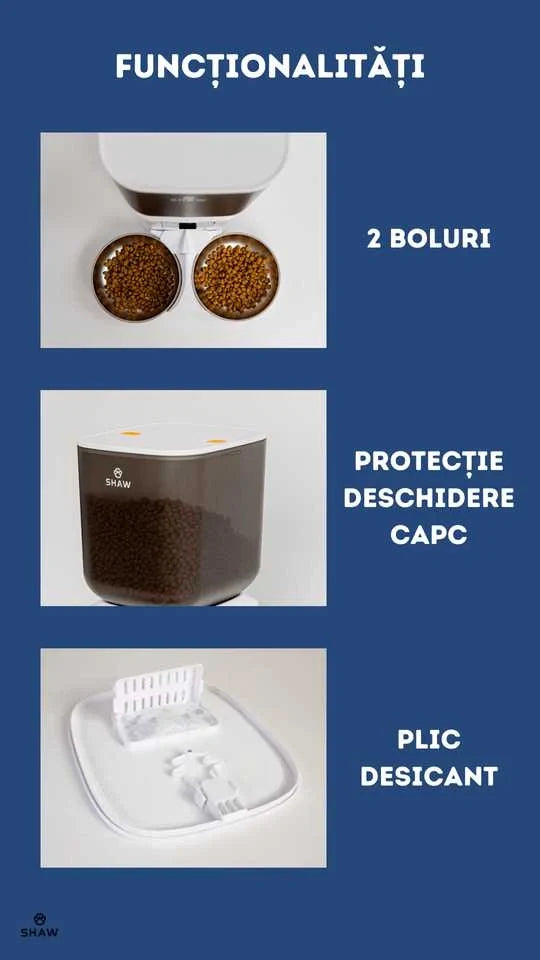 Hranitor automat smart SHAW® pentru caini si pisici, aplicatie mobila, 7L, programare hranire, camera reglabila, 2 boluri, alb