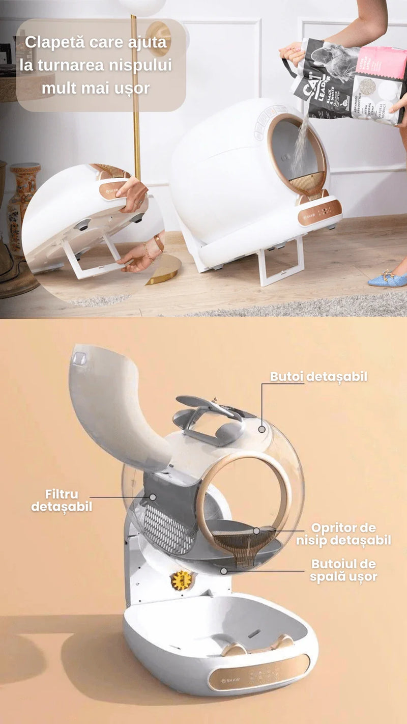Litiera automata smart SHAW® V4 pentru pisici, auto-curatare, eliminare mirosuri prin ionizare, aplicatie mobila, 9L