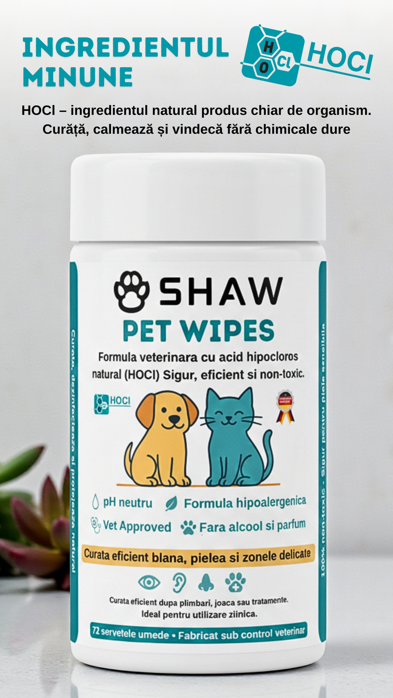 Servetele umede SHAW Pet Wipes pentru caini si pisici, cu acid hipocloros HOCl, non-toxic, hipoalergenic, vet approved
