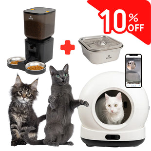 Kit Litiera Ultra View Negru, Hranitor 2 Boluri cu camera Negru, Fantana de apa inox cu aplicati