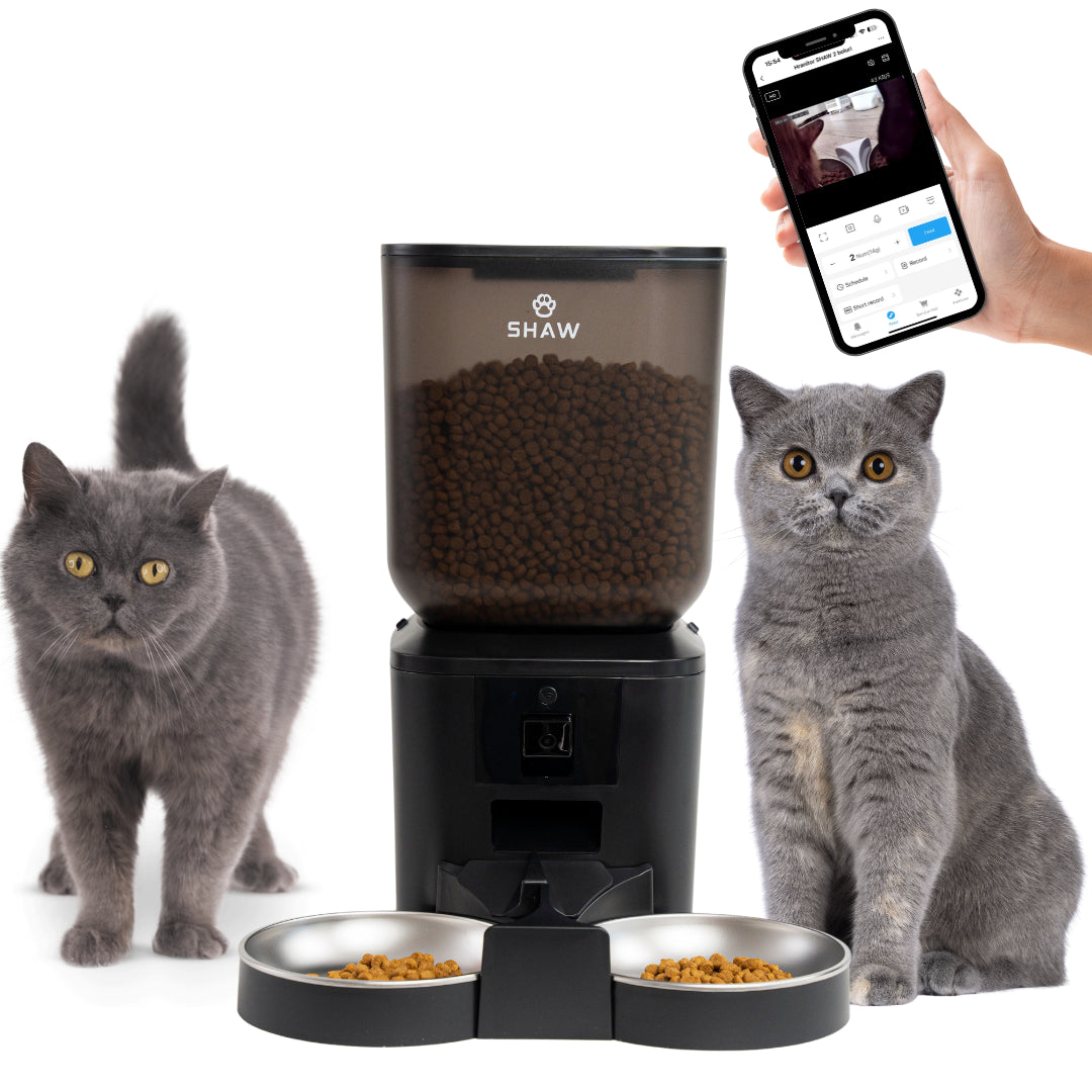 Hranitor automat smart SHAW® pentru caini si pisici, aplicatie mobila, 7L, programare hranire, camera reglabila, 2 boluri, negru