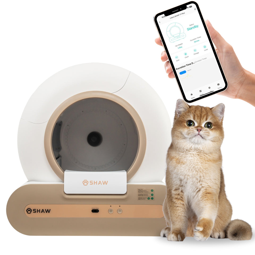 Litiera automata smart SHAW® Plus, pentru pisici, auto-curatare, eliminare mirosuri, aplicatie mobila, 9L