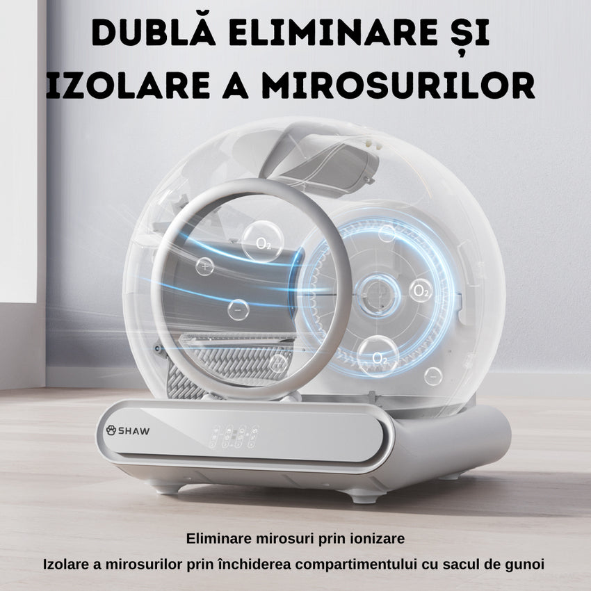 RESIGILAT - Litiera automata smart SHAW® V3 pentru pisici, auto-curatare, eliminare mirosuri prin ionizare, aplicatie mobila, 9L