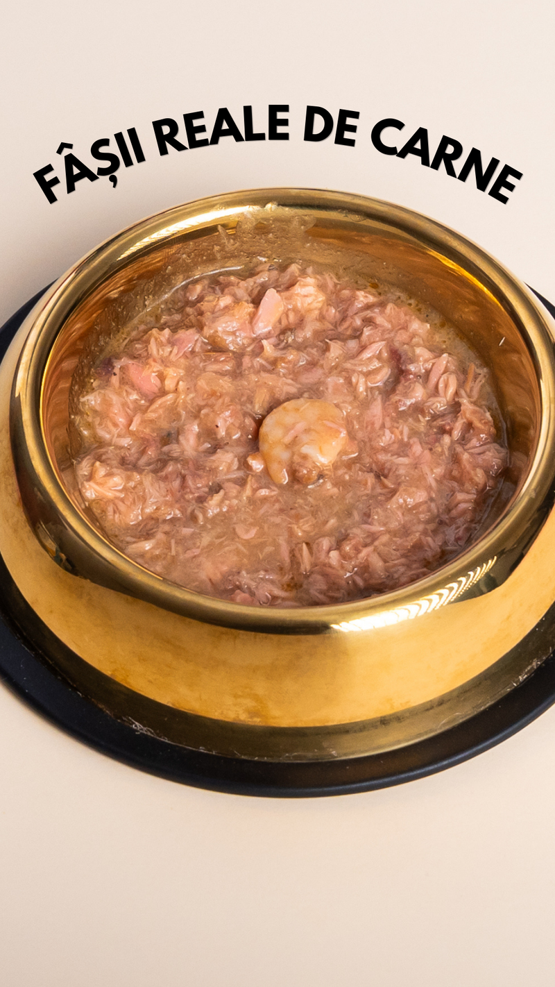 Hrana umeda premium SHAW pentru pisici adulte si mofturoase cu file de ton si creveti in supa, fara cereale, 80g