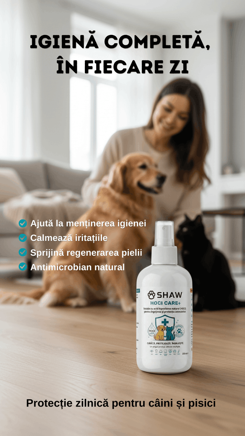 Solutie SHAW cu acid hipocloros HOCl CARE +, pentru caini si pisici, non-toxic, hipoalergenic, fara alcool si parfum