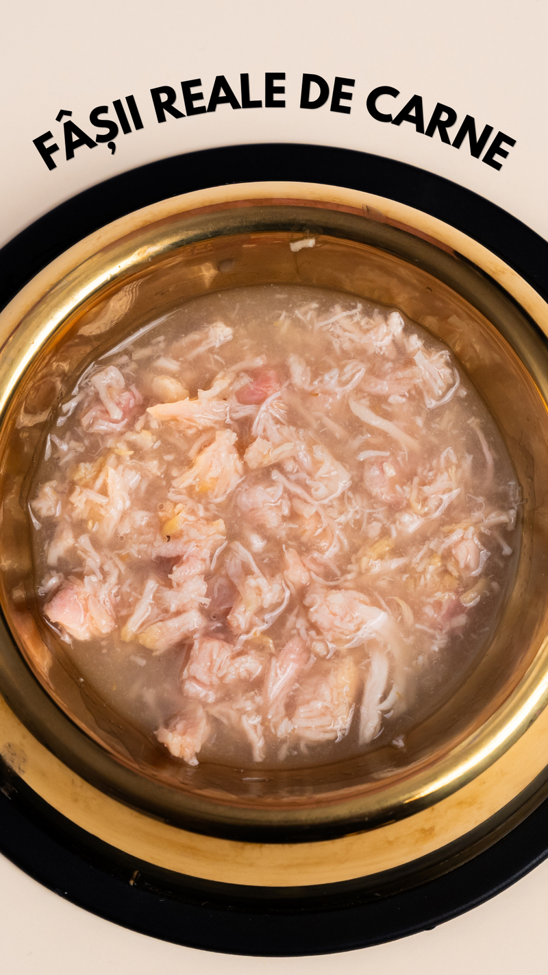 Hrana umeda premium SHAW pentru pisici adulte si mofturoase cu piept de pui maruntit in supa, fara cereale, 80g