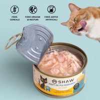 Hrana umeda premium SHAW pentru pisici adulte si mofturoase cu piept de pui maruntit in supa, fara cereale, 80g