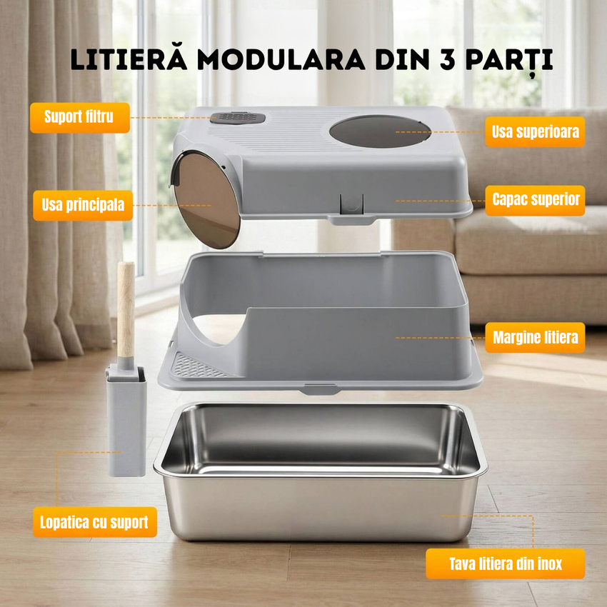 Litiera inox de colt 2 in 1  SHAW® XL pentru pisici, cu lopatica inclusa, intrare laterala, usor de curatat, rezistenta