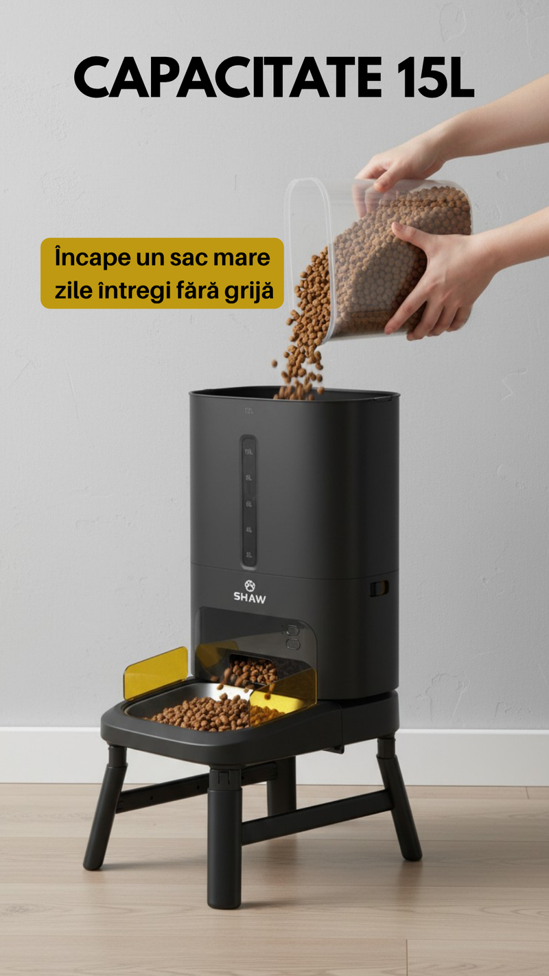 Hranitor automat smart SHAW® Titan pentru caini, aplicatie mobila, 15L, programare hranire, negru