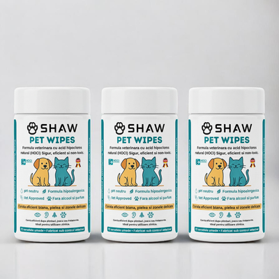 Kit 3 buc SHAW Pet Wipes cu acid hipoclorus, igiena zilnica caini si pisici