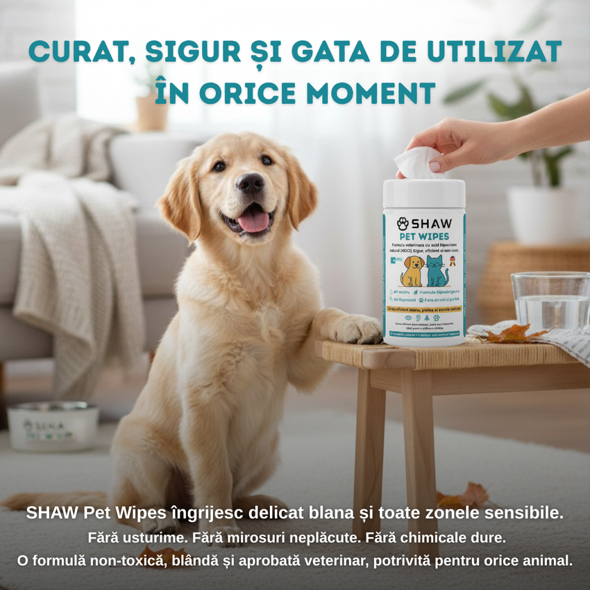 Servetele umede SHAW Pet Wipes pentru caini si pisici, cu acid hipocloros HOCl, non-toxic, hipoalergenic, vet approved