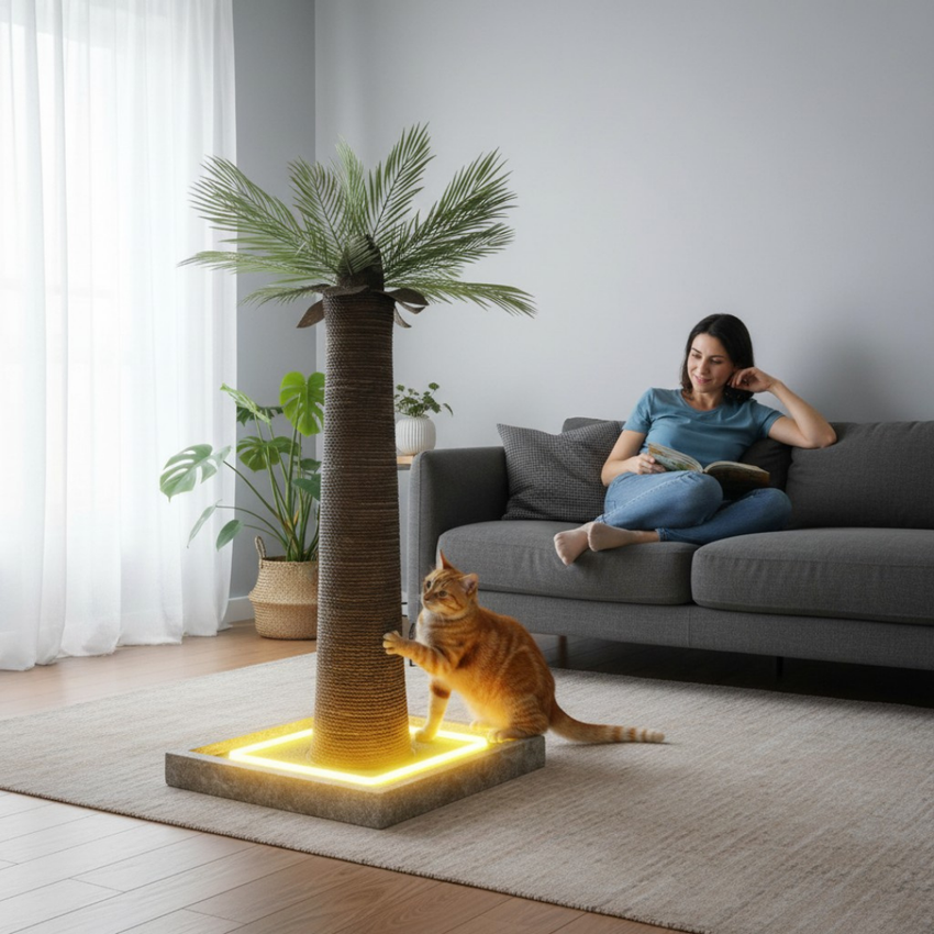 Stalp tip Palmier cu sisal de zgariat pentru pisici, lumina LED, MDF, stabil, inaltime 92 cm