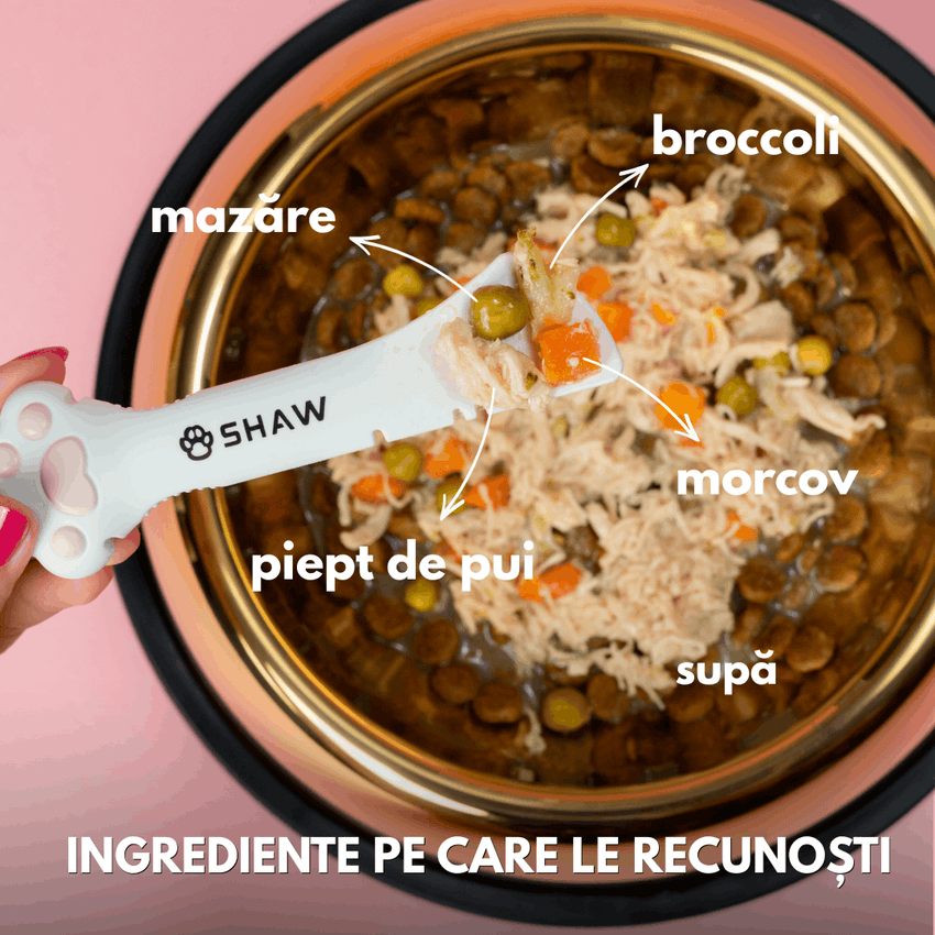 Topper premium pentru câini SHAW cu piept de pui, morcov, broccoli și mazăre în supă, hrană umedă complementară, 170 g